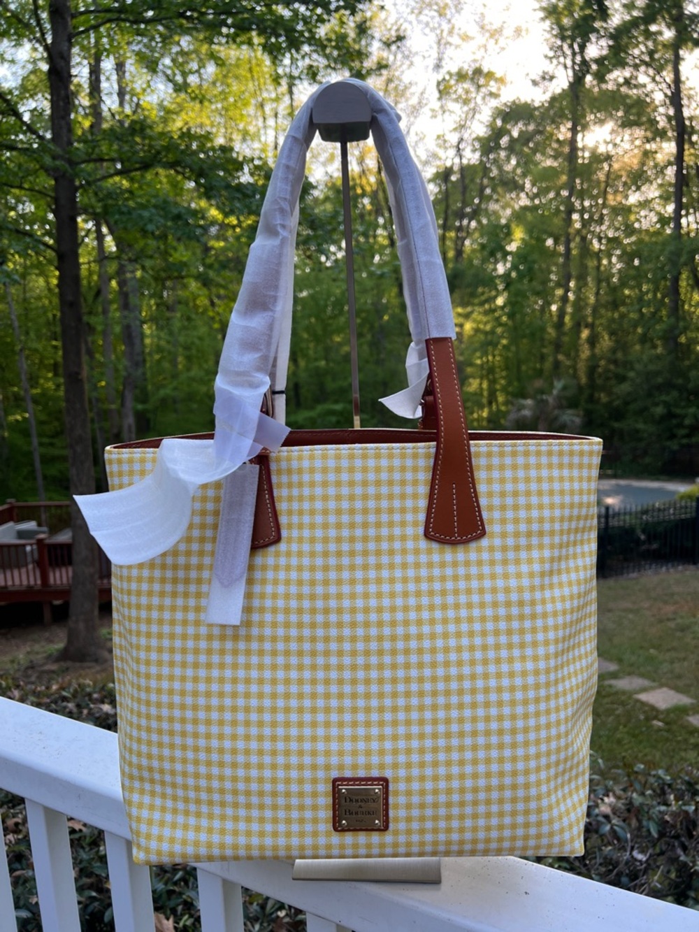 Dooney & Bourke NWT Yellow Gingham Tote with Brown Leather Trim